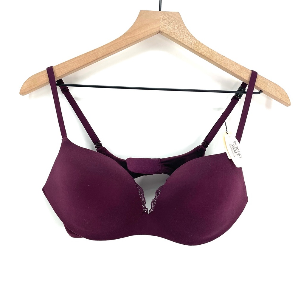 NWT Victorias Secret Plunge Bra‎ T Shirt Lace Trim Wine Purple 34C